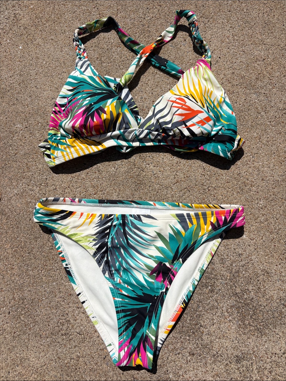 Shade & Shore Tropical Leaf Print Bikini – Teal, Yellow, Pink, Black